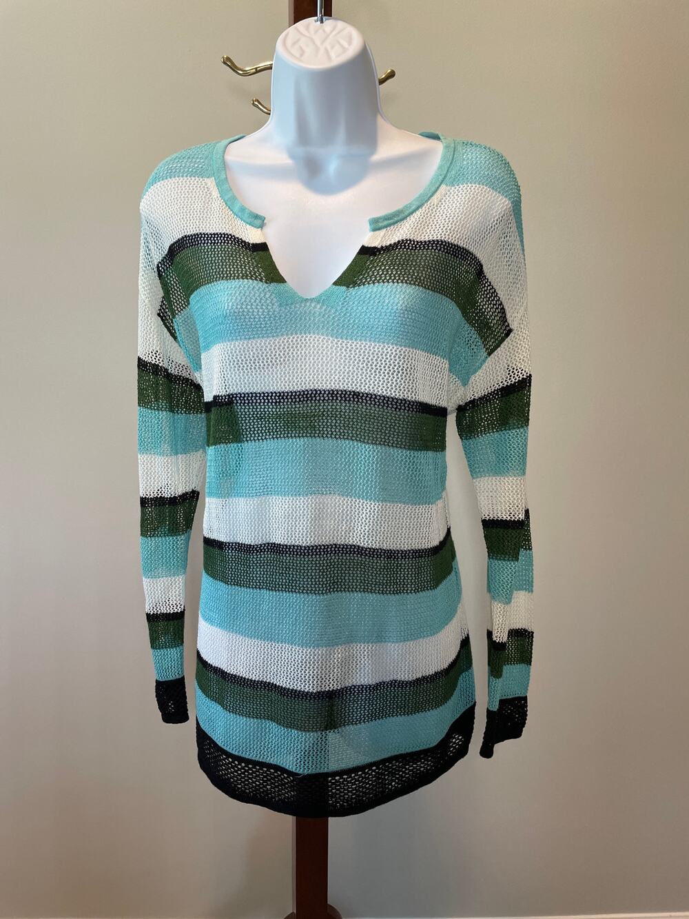 Talbots Sheer Knit Stripe Top Size M White Green Blue Linen Blend